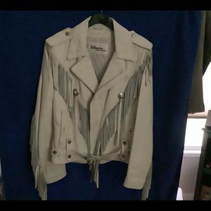 LEATHER MOTORCYCLE JACKET WITH BELT AND FRINGE